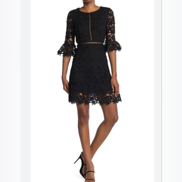New Love X Design Jet Black Bell Sleeve Lace Mini Dress Fit And Flare Medium - Picture 1 of 16